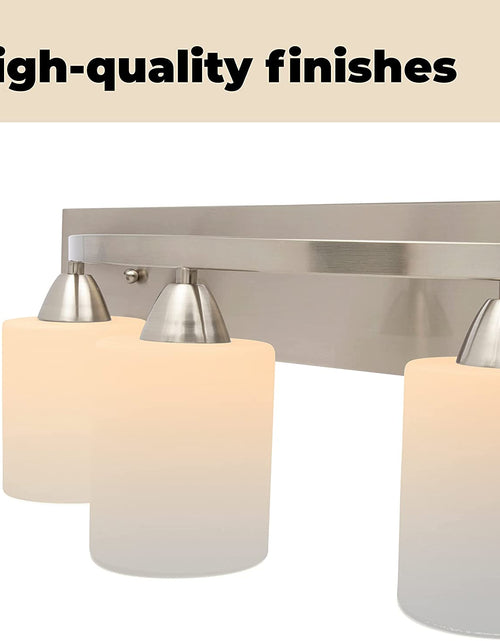 Load image into Gallery viewer, | Bathroom Vanity Light Bar | Interior Bathroom Lighting Fixtures with Modern Glass Shade | Bathroom Lights over Mirror | (Brushed Nickel, 3 Lights, E26 100W LED, Bulbs Not Included)
