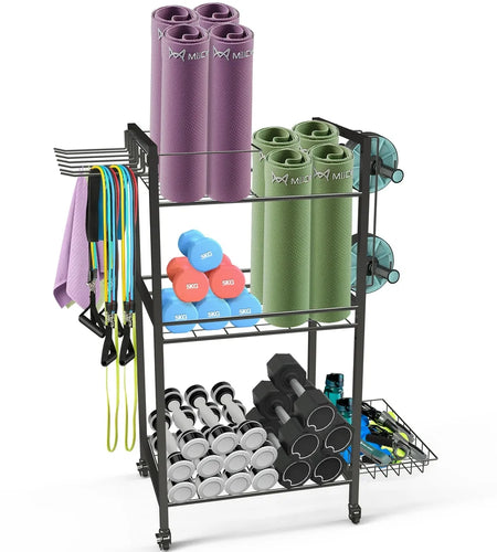 Yoga Mat Storage, Gym Equipment Storage, Cart for Organizing Workout Room, Home Gym Storage with Hooks and Wheels