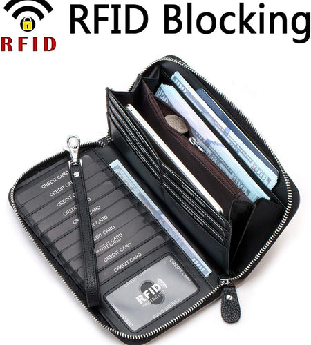 Womens Wallet RFID Blocking Genuine Leather Multi Credit Card Large Capacity Zip around Clutch Travel Purse Wristlet