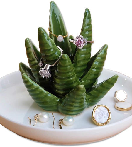 Aloe Ring Holder,Cactus Ring Dish,Jewelry Holder Trinket Tray for Rings Earrings Necklace Organizer,Bridesmaid Christmas Birthday Gift for Women Girls