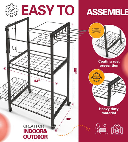 Yoga Mat Storage, Gym Equipment Storage, Cart for Organizing Workout Room, Home Gym Storage with Hooks and Wheels
