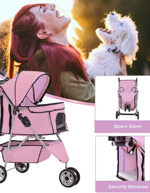 Load image into Gallery viewer, 3 Wheels Pet Stroller Dog Stroller Cat Cage Jogger Stroller Cats Travel Folding Carrier Waterproof Puppy Stroller with Cup Holder &amp; Removable Liner (Pink)
