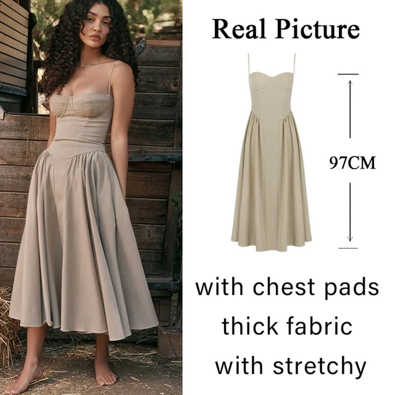 Summer Elegant Midi Spaghetti Strap Dresses Slim V Neck a Line Party Dress Khaki Casual Dress Women'S Clothing