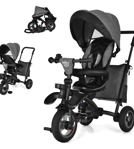 7-In-1 Kids Baby Tricycle Folding Steer Stroller W/ Rotatable Seat Grey