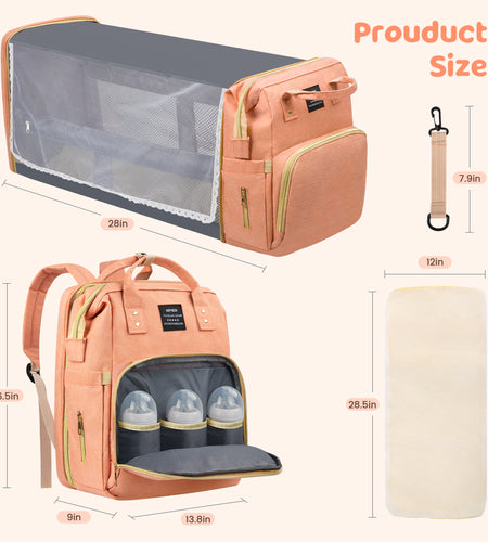 Diaper Bag Backpack, Multifunctional Baby Diaper Bags with Changing Station &Foldable Crib, Large Baby Bag for 0-6 Mouth Boys Girls W/ USB Charging Port&Stroller Strap, Mom Gifts Baby Essentials(Pink)