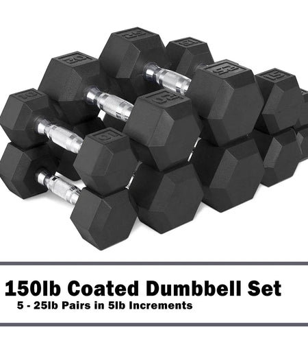 150Lb Rubber Hex Dumbbell Set