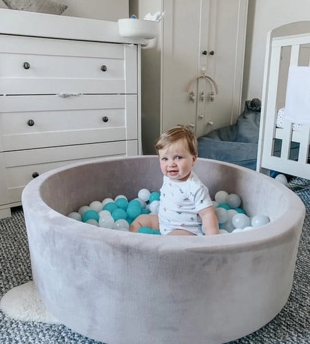 Grey Velvet Ball Pit with 200 Aqua, White, & Grey Balls
