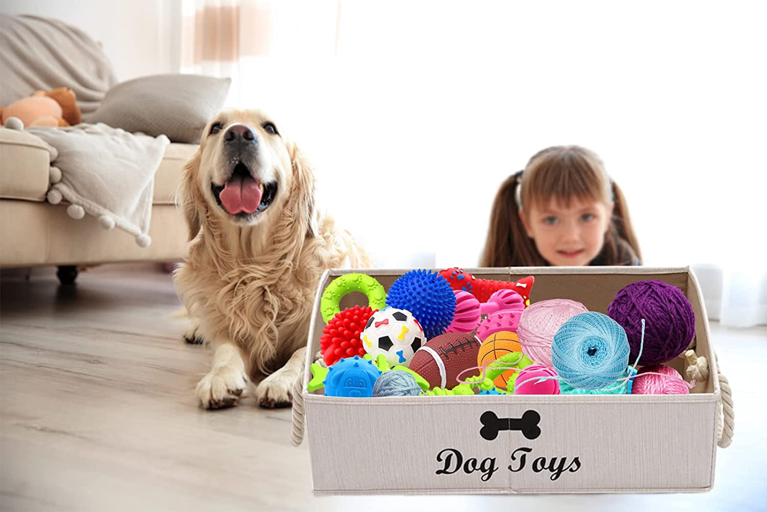 Large Dog Toys Storage Bins-Foldable Fabric Trapezoid Organizer Boxes with Weave Rope Handle,Collapsible Basket for Shelves,Dog Apparel(Beige-Dog)