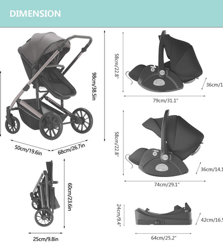 5 in 1 Baby Stroller Travel System,Baby Stroller and Car Seat Combo, Includes Quick Folding Aluminium Baby Stroller and Infant Car Seat,High View Modular Stroller with Base