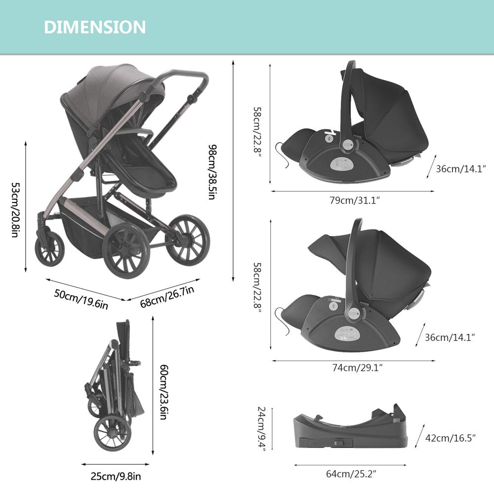 5 in 1 Baby Stroller Travel System,Baby Stroller and Car Seat Combo, Includes Quick Folding Aluminium Baby Stroller and Infant Car Seat,High View Modular Stroller with Base