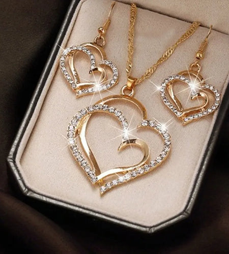 3 Pcs Set Heart Shaped Jewelry Set of Earrings Pendant Necklace for Women Exquisite Fashion Rhinestone Double Heart Jewelry Set