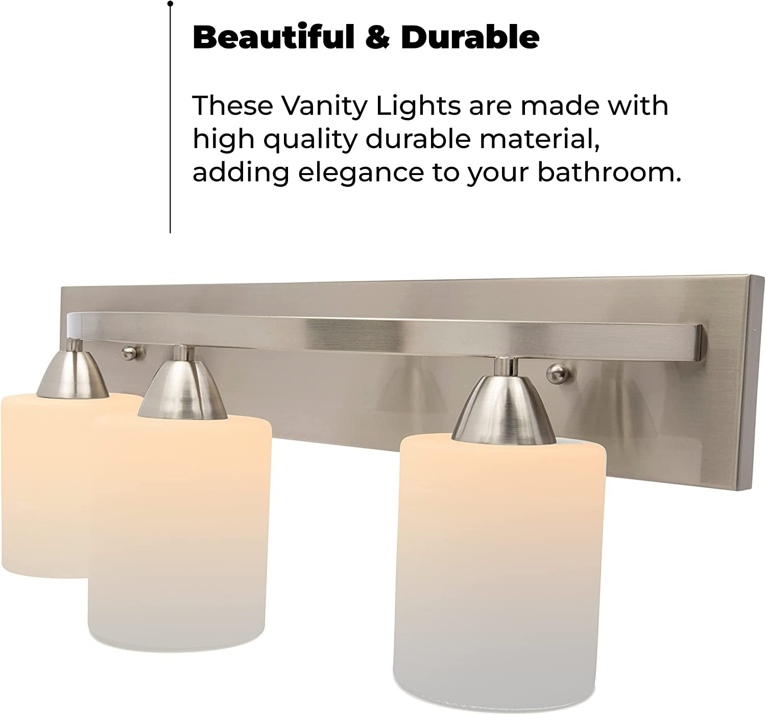 | Bathroom Vanity Light Bar | Interior Bathroom Lighting Fixtures with Modern Glass Shade | Bathroom Lights over Mirror | (Brushed Nickel, 3 Lights, E26 100W LED, Bulbs Not Included)