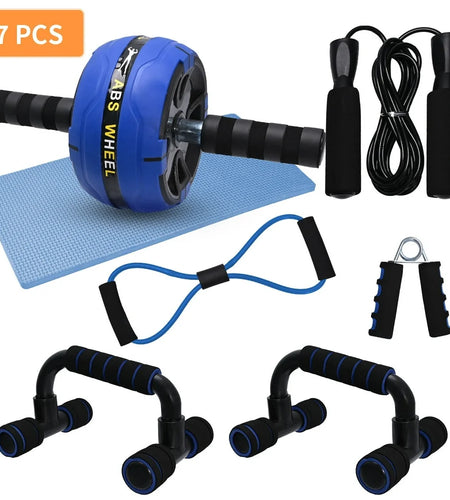 7-In-1 Ab Roller Wheel Kit, Perfect Home Gym Equipment Exercise Roller Wheel Kit with Push-Up Bar, Knee Mat, Jump Rope and Hand Gripper, Core Strength & Abdominal Exercise Ab Roller, Blue