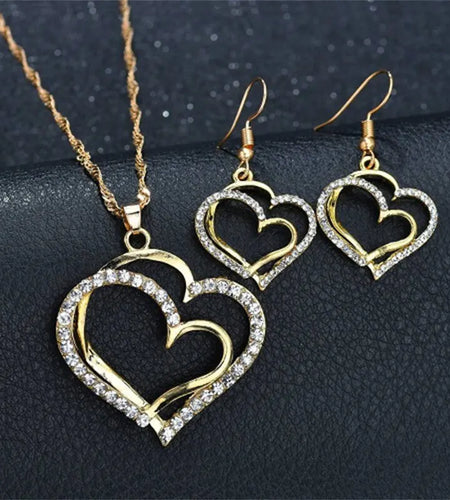 3 Pcs Set Heart Shaped Jewelry Set of Earrings Pendant Necklace for Women Exquisite Fashion Rhinestone Double Heart Jewelry Set