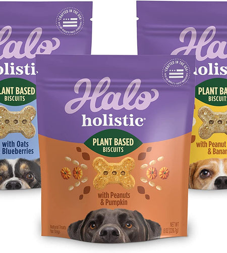 Plant-Based Dog Treats Variety Pack, Oats & Blueberries, Peanut Butter & Banana, Peanuts & Pumkin, Vegan Dog Treat Pouch, 8Oz Bag, 3 Count