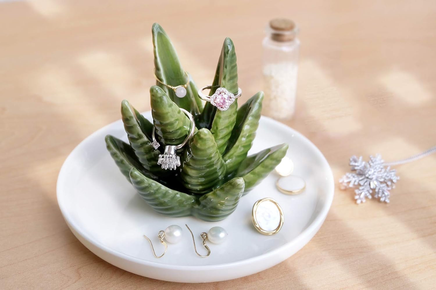 Aloe Ring Holder,Cactus Ring Dish,Jewelry Holder Trinket Tray for Rings Earrings Necklace Organizer,Bridesmaid Christmas Birthday Gift for Women Girls