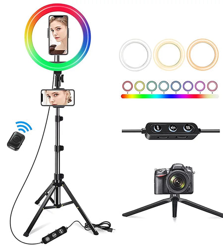 13" LED RGB Selfie Ring Light W/ Mini & Extendable Tripod Stand & Phone Holder 10 Brightness Level 26 Light Modes Dimmable Ringlight for Beauty Makeup Live Streaming Youtube Video Photography Shooting