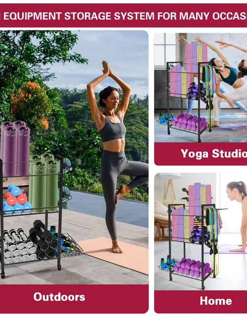 Load image into Gallery viewer, Yoga Mat Storage, Gym Equipment Storage, Cart for Organizing Workout Room, Home Gym Storage with Hooks and Wheels
