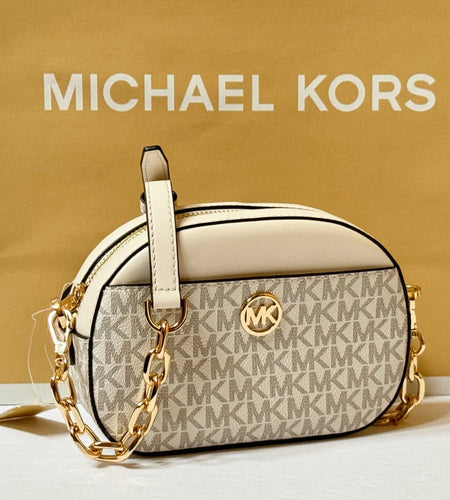 MICHAEL KORS JET SET GLAM SMALL FRONT POCKET OVAL CROSSBODY BAG MK LIGHT CREAM