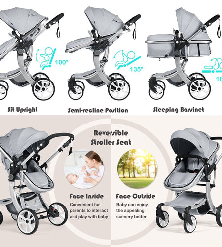 Babyjoy 2-In-1 Baby Stroller High Landscape Infant Stroller W/ Reversible Seat Grey