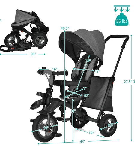 7-In-1 Kids Baby Tricycle Folding Steer Stroller W/ Rotatable Seat Grey
