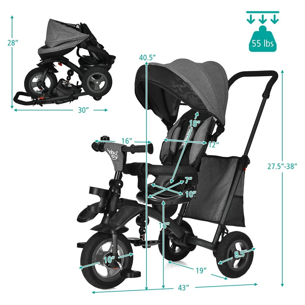 7-In-1 Kids Baby Tricycle Folding Steer Stroller W/ Rotatable Seat Grey