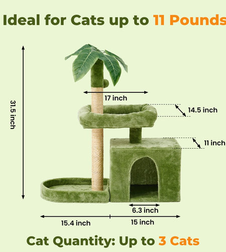 31.5" Cat Tree Cat Tower for Indoor Cats with Green Leaves, Cat Condo Cozy Plush Cat House with Hang Ball and Leaf Shape Design, Cat Furniture Pet House with Cat Scratching Posts, Green