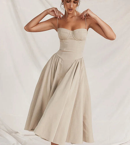 Summer Elegant Midi Spaghetti Strap Dresses Slim V Neck a Line Party Dress Khaki Casual Dress Women'S Clothing