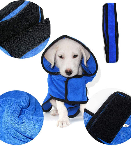 Microfiber Dog Bathrobe, Quick Drying Pet Bath Robe, Pets Super Absorbent Towel for Dogs and Cats, Machine Washable-Blue
