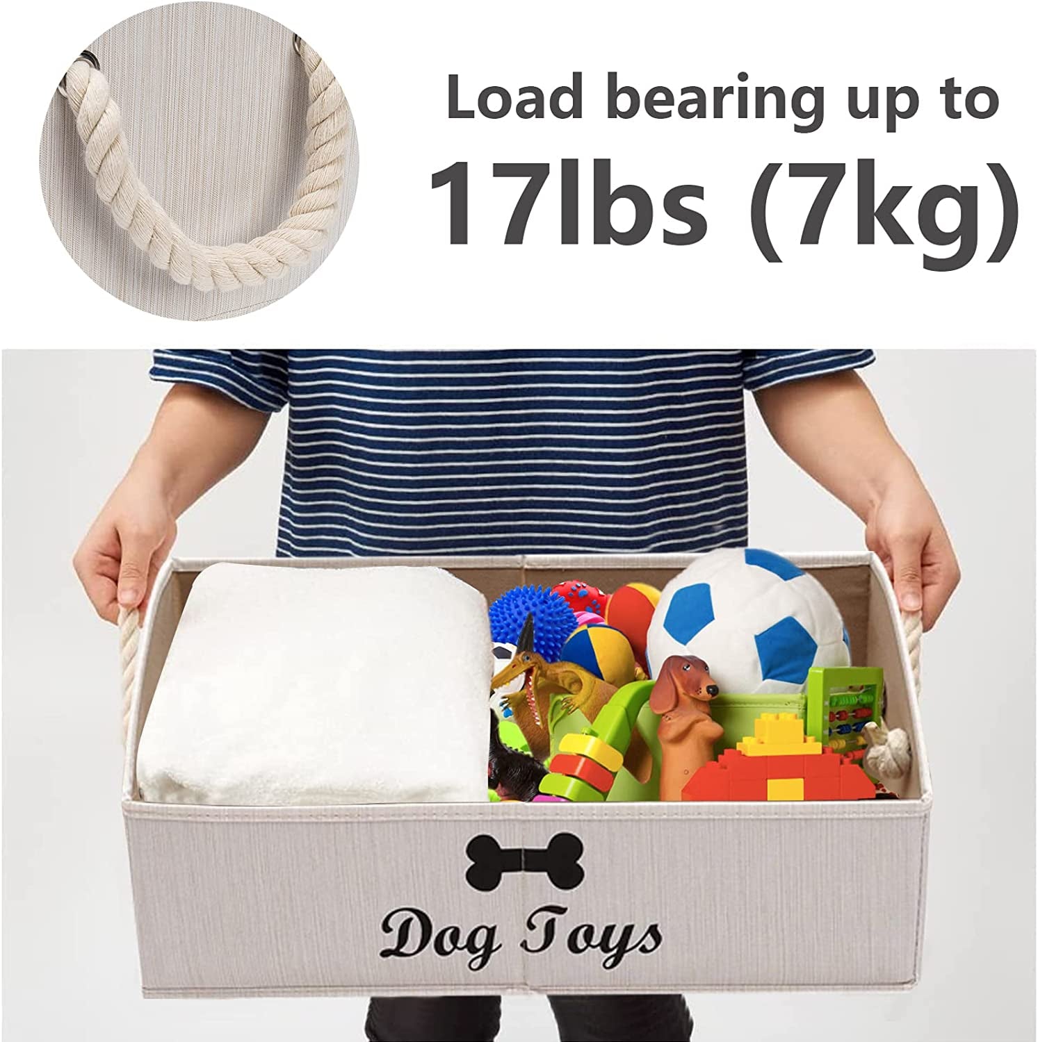 Large Dog Toys Storage Bins-Foldable Fabric Trapezoid Organizer Boxes with Weave Rope Handle,Collapsible Basket for Shelves,Dog Apparel(Beige-Dog)