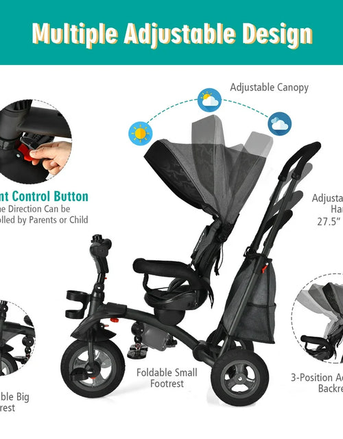 Load image into Gallery viewer, 7-In-1 Kids Baby Tricycle Folding Steer Stroller W/ Rotatable Seat Grey
