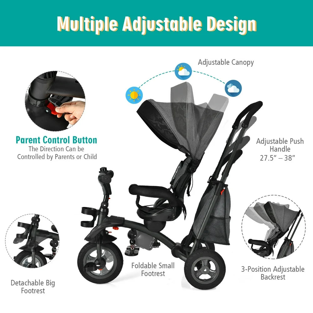 7-In-1 Kids Baby Tricycle Folding Steer Stroller W/ Rotatable Seat Grey