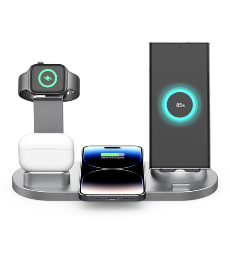 Electronics Gadgets,15W Six-In-One Wireless Charging 360° Rotating Charger,Wireless Fast Charging,Smart Watch Charging Stand,Wireless Earphone Charging Base,Silver,