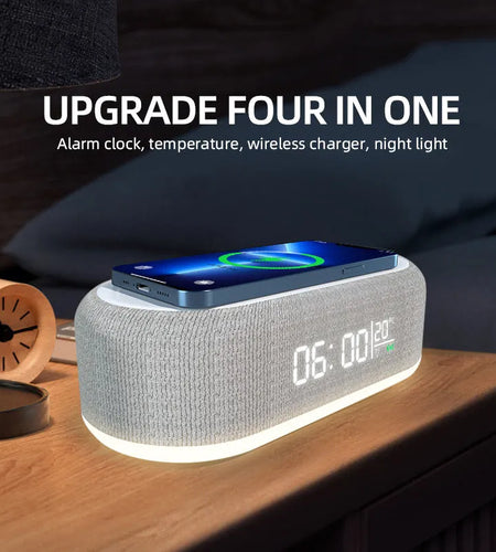 Wireless Charger Alarm Clock Time LED Light Thermometer Earphone Phone Charger 15W Fast Charging Dock Station for Iphone Samsung