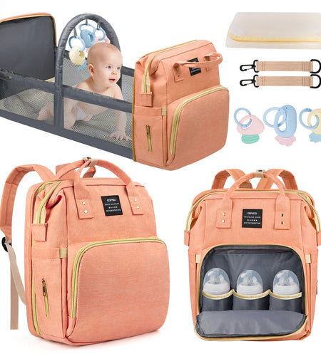 Diaper Bag Backpack, Multifunctional Baby Diaper Bags with Changing Station &Foldable Crib, Large Baby Bag for 0-6 Mouth Boys Girls W/ USB Charging Port&Stroller Strap, Mom Gifts Baby Essentials(Pink)
